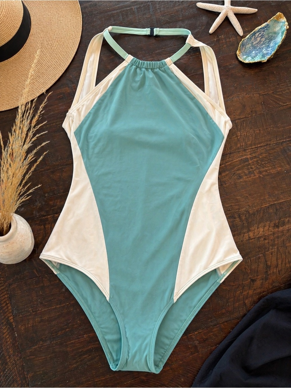 Flagpole NYC Colorblock Halter One Piece Swimsuit Seafoam Ivory Sculpted Size M
